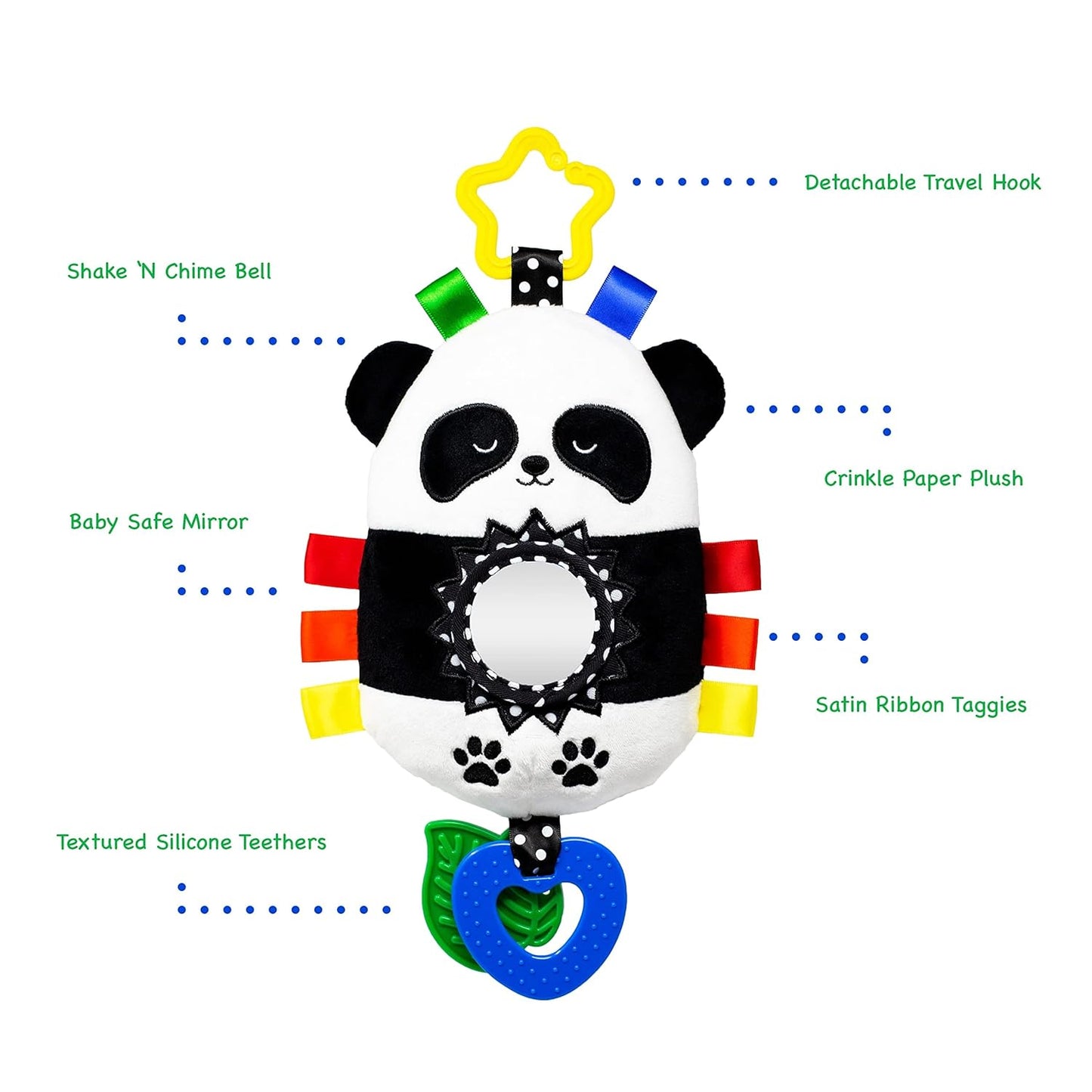 Squish 'N Play Activity Toy Panda- Multi-Sensory Learning Baby Toy - Stroller Toy, Car Seat Toy, Tummy Time Toy, Teether Toy, Baby Gift - with Mirror, Rattle & Taggies