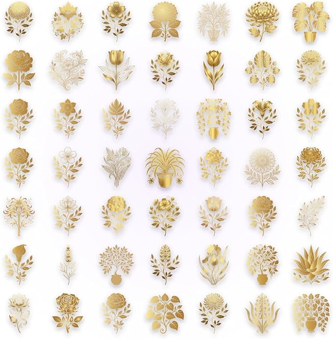 50PCS Gold Foil Floral Stickers, Metallic Botanical Decals, Waterproof PET