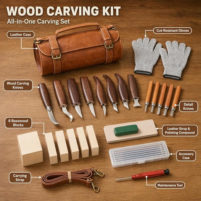 Deluxe Wood Carving Kit, High-Carbon Steel Knives, Safety Gloves, Woodworking