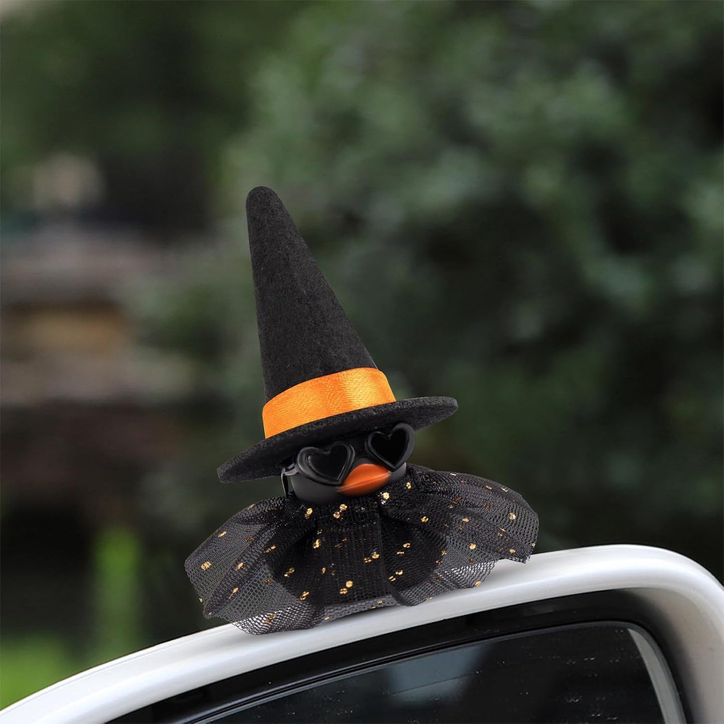 wonuu Car Dashboard Witch Black Rubber Ducks for Halloween, Decorations Duck for Office Desk Ornament Accessories with Hat Glasses Skirt, Orange