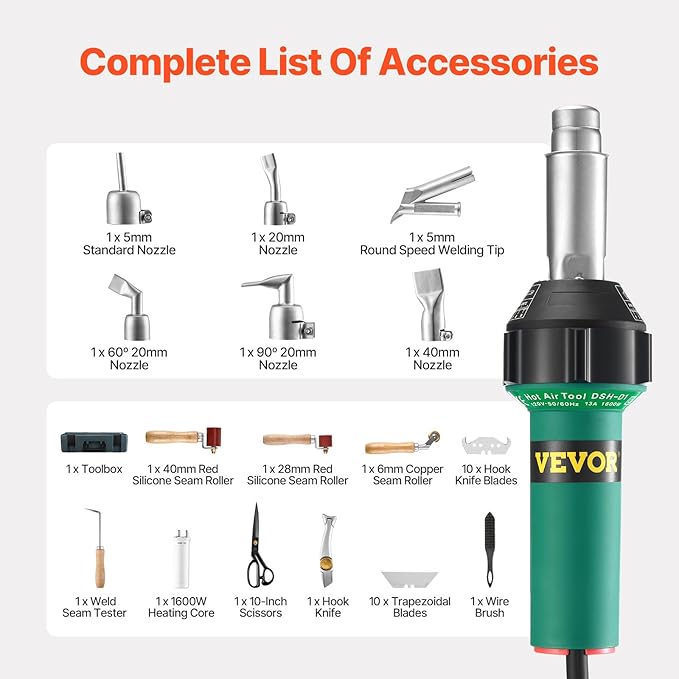 VEVOR Hot Air Plastic Welder, 1600W Hot Air Torch Pistol, 122-1112℉ PVC TPO Vinyl Heat Gun Welding Torch, Plastic Roofing Welding Kit with 17 Accessories- Toolbox, Nozzle, Roller, Blades for PP/PE/PVC