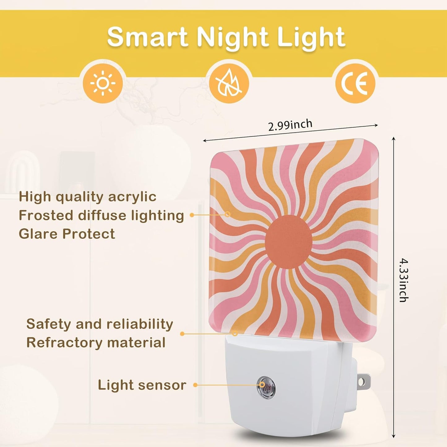 Boho Sun Night Light with Dusk to Dawn Light Sensors, Plug-in Wall Led Night Lights, Energy Efficient Lamp for Bedroom/Bathroom/Kitchen/Hallway/Stairs