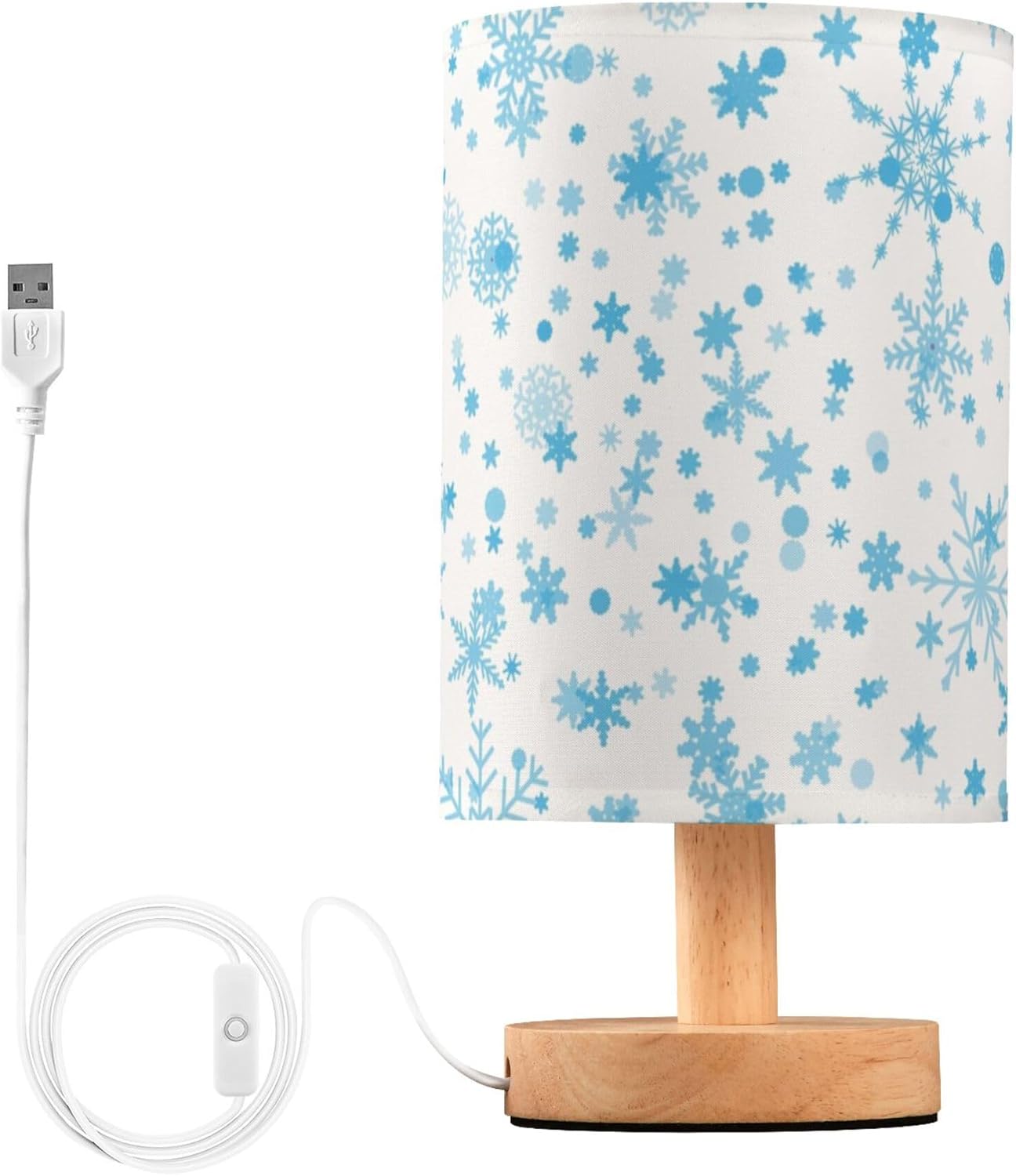 Table Lamp Blue Snowflake Pattern Snowy Christmas Frozen Xmas Holiday Decor Nightstand Lamp with Wood Base Fabric Lamp Shade Bedside Desk Lamp for Living Room Bedroom Kids Room Office
