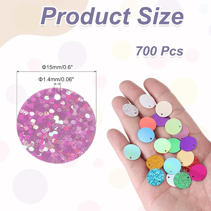 MECCANIXITY 700 Pcs Flat Round Sequins 15mm/0.6 Inch Loose Paillettes Craft