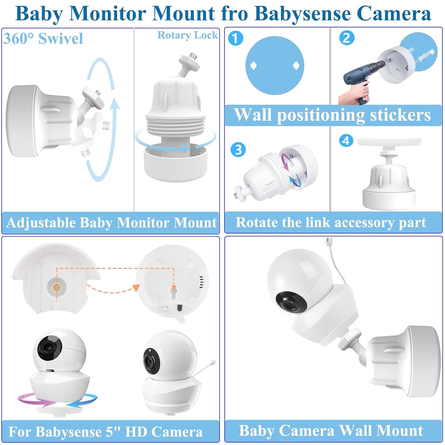 Flexible Baby Monitor Mount Stand Compatible with Babysense Max View V43/HD S2/V24R/PRISMA Baby Camera and Other with 1/4" Threaded Hole Camera, Adjustable Baby Monitor Wall Mount Stand Holder