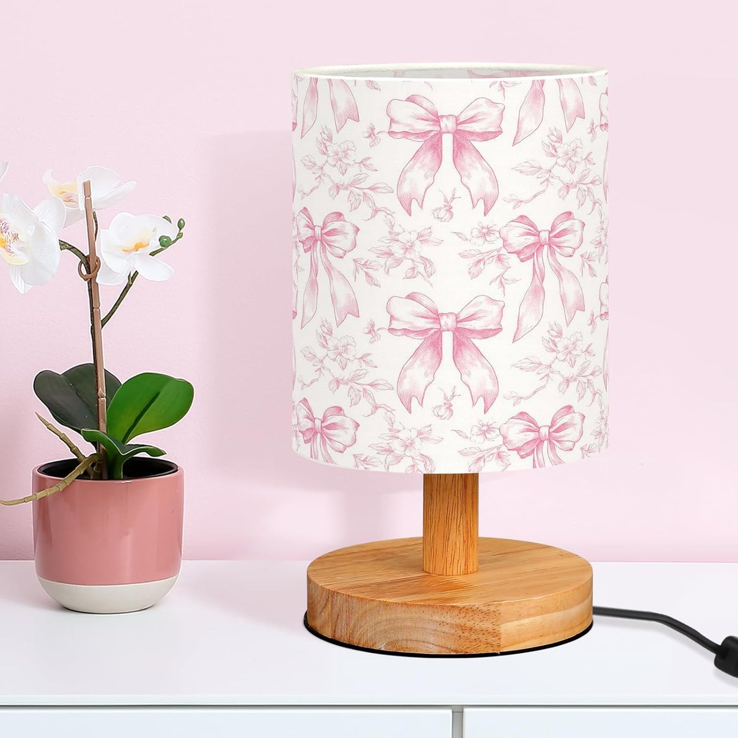VIHOSE Floral Bow Kids Table Lamp for Bedroom Kids Bedside Lamp with Linen Wooden Nightstand Cartoon Nursery Lampshade for Girls Boys Living Room