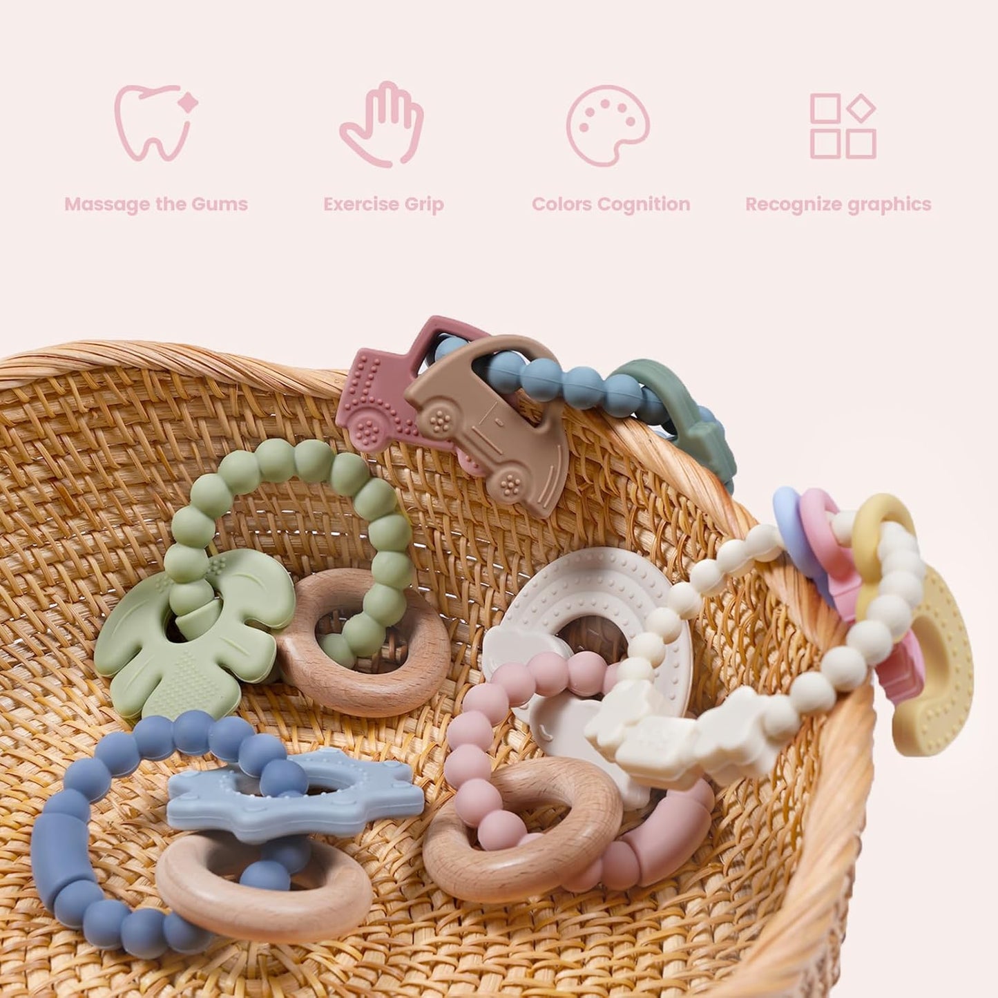 Baby Silicone and Wood Teether Ring Toy,Food Grade Silicone Chew Toys for 3-6,6-12,12-18 Months Newborns,Infants,Toddlers Teething Relief,Safe and Soft,BPA Free,Baby Essentials. (Rainbow)