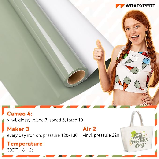 WRAPXPERT Green Heat Transfer Vinyl Sage Gree HTV 12" x5ft Khaki Green Iron on