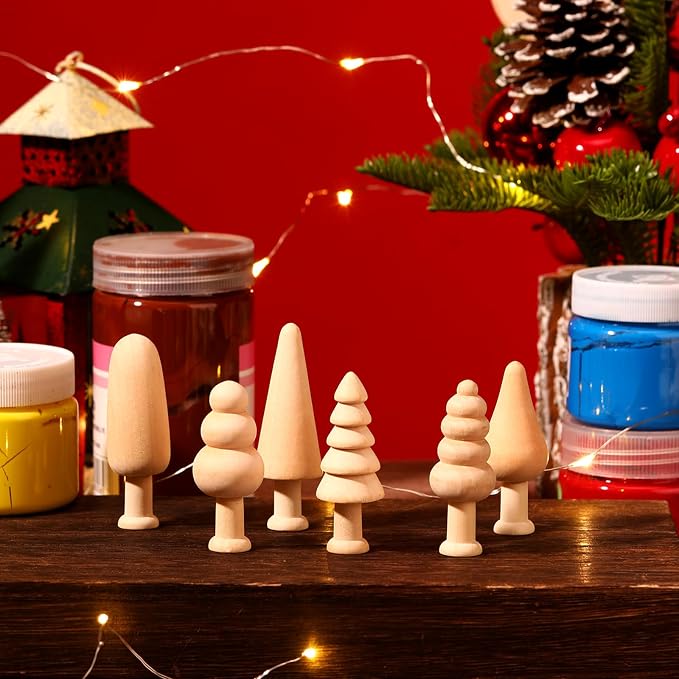 Hiboom 24 Pcs Mini Unfinished Wood Christmas Tree Wooden Blank Craft Supplies
