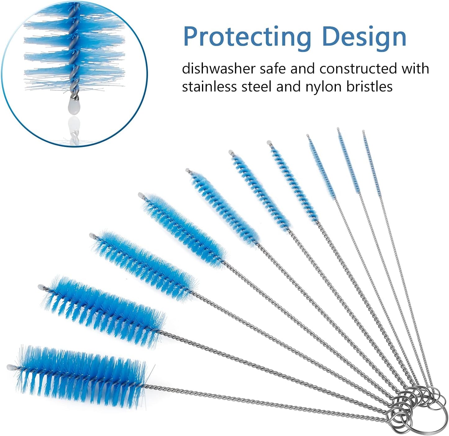 CiaraQ Bottle Cleaning Brushes, 8 Inch Nylon Tube Brush Set, Cleaner for Narrow Neck Bottles Cups with Hook, Set of 10pcs.