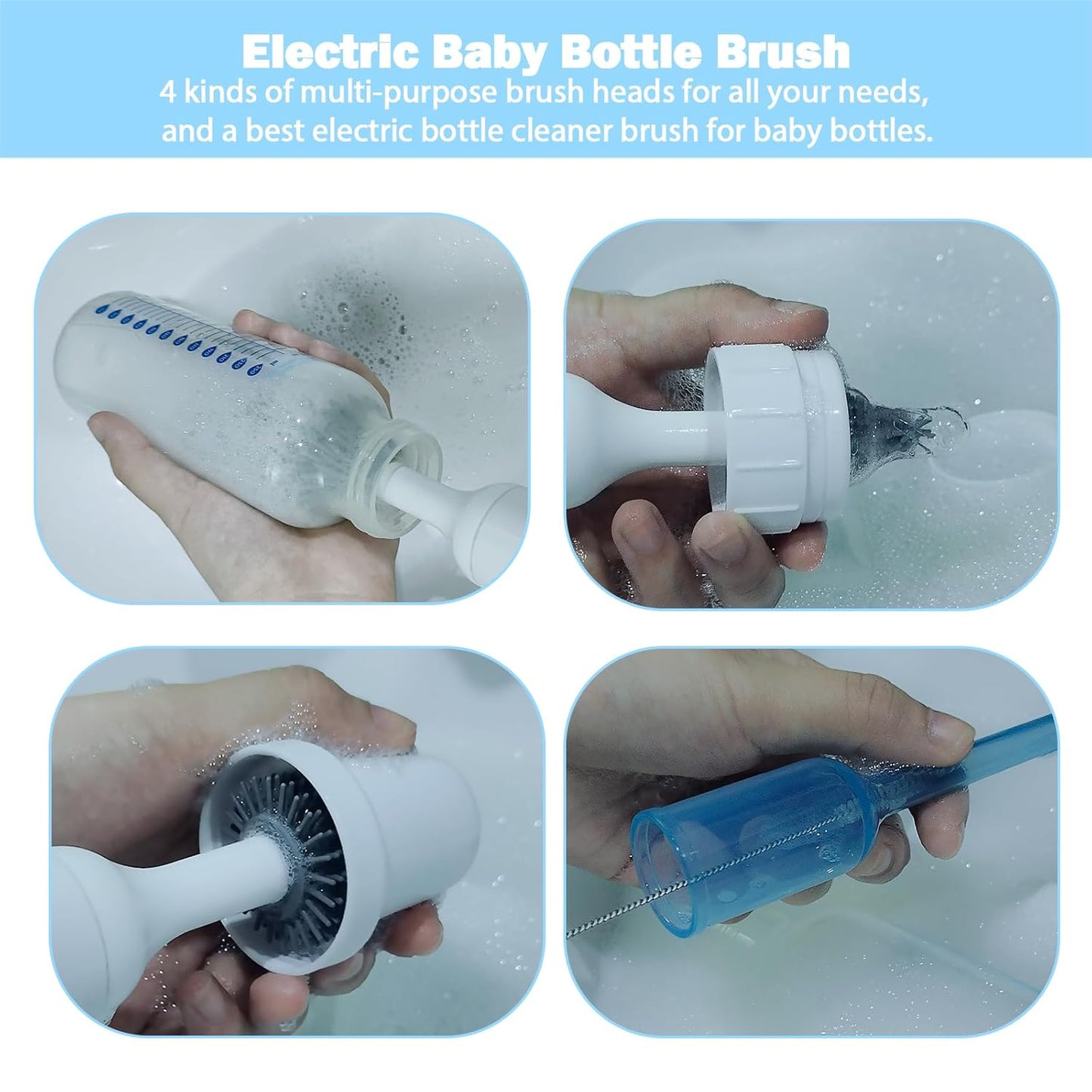 Electric Baby Bottle Brush Set with Rechargeable Electric Bottle Brush Cleaner and Replaceable Silicone Bottle Brushes and Straw Brush Cleaner, Waterproof Multi-Purpose Cleaning Brush (White)