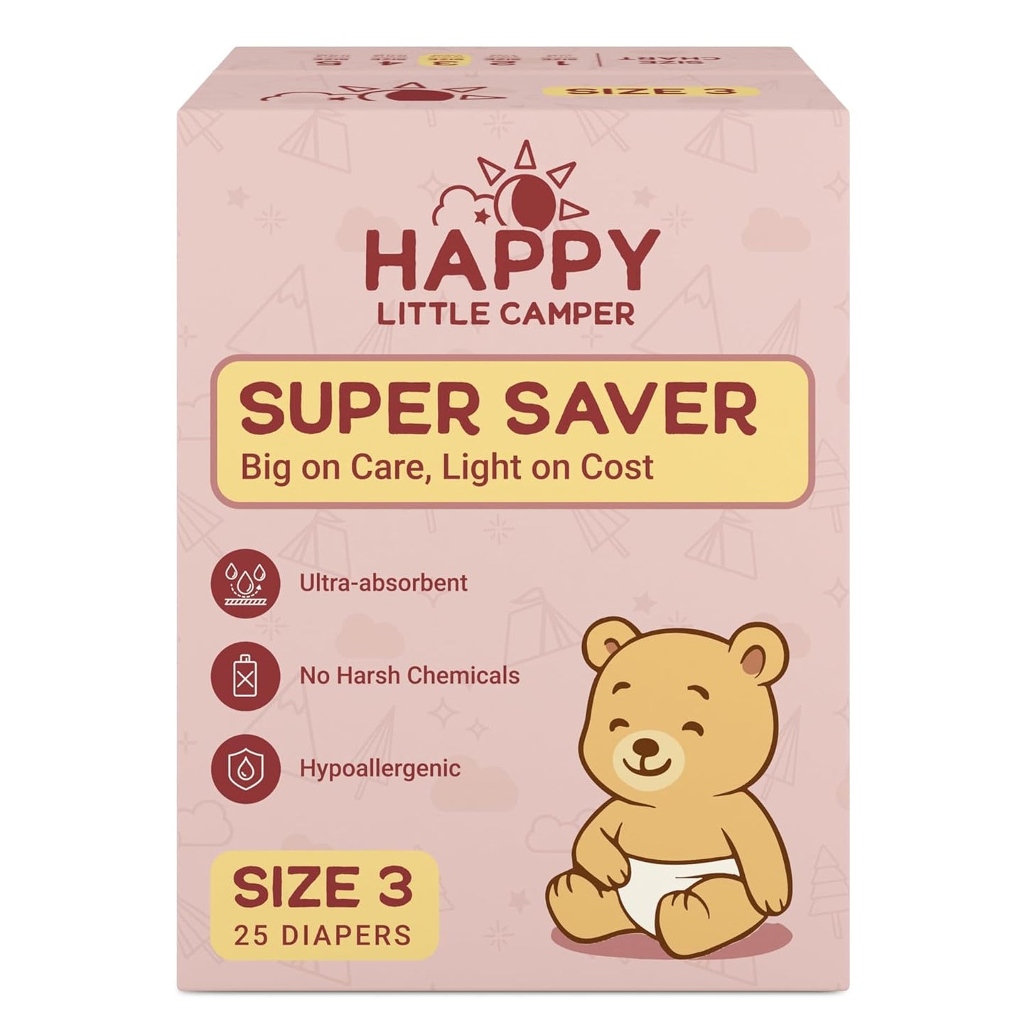 Happy Little Camper Super Saver Diapers, Size 3, 25 Count | Budget-Friendly Disposable Baby Diapers for Sensitive Skin | Hypoallergenic, Fragrance-Free, Ultra Absorbent