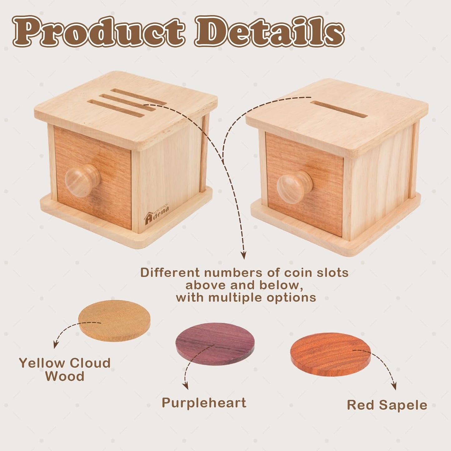 Adena Montessori Infant Toddlers Coin Box Montessori Toys for 6-12 Months Babies 1 Year 2 Year Old (Natrual Wood)