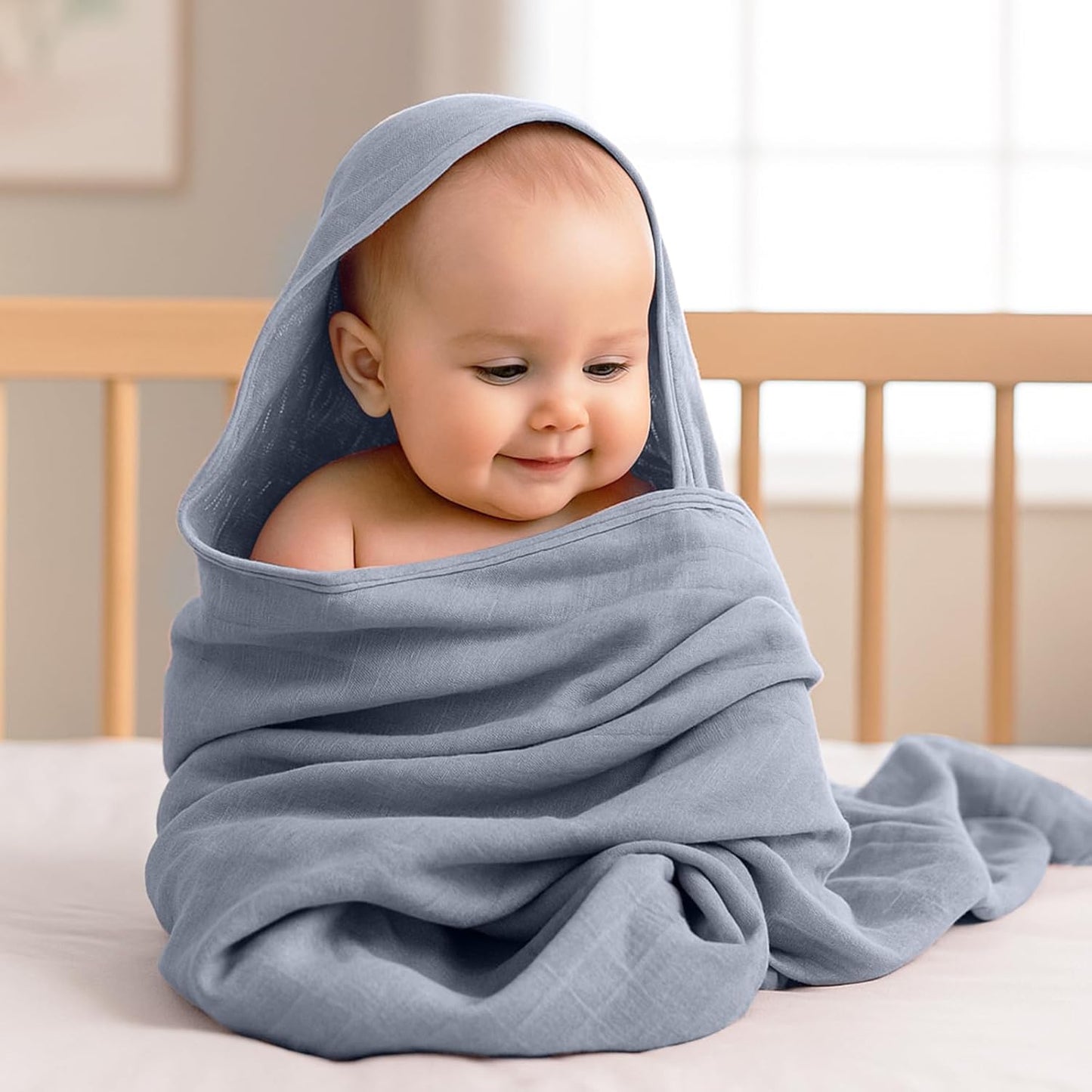 Preboun 6 Pcs Muslin Hooded Baby Towels and Washcloths 32"x 32" Cotton Newborn Bath Towel Anti-Shrink Infant Baby Blankets with Hood 12"x 12" Washcloths for Girl Boy Toddler(Blue,Light Purple)
