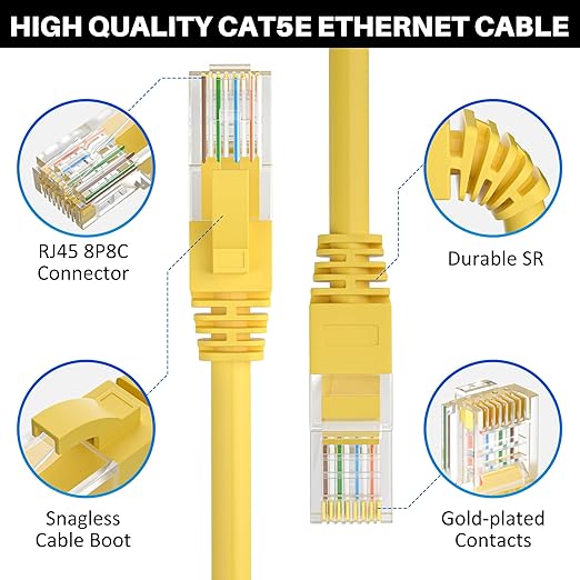 Cat5e Ethernet Cable 25 FT, Long Cat 5e Internet Cable, Yellow Snagless Patch Cord, Flexible, Network, LAN, PoE, Standard RJ45 Connector for PC, Server, Router, Modem, TV, PS5 - with 15 Cable Ties