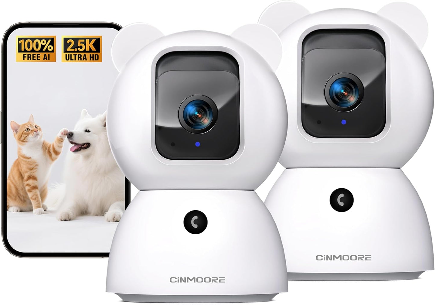 2.5K Indoor Camera 2pack, Non-Subscription AI Person/Pet/Cry Detection, 4MP Pet/Dog/Cat/Baby Camera w/Phone App, Pan Tilt 2.4GHz WiFi Cameras for Home Security, Night Vision, Full Duplex 2-Way Audio