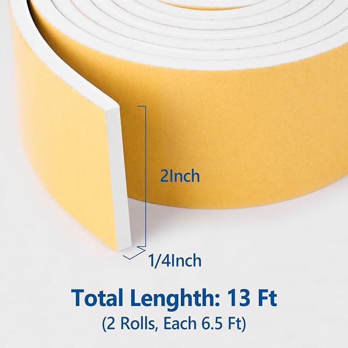 Kikerike Self Adhesive Foam Tape Weatherstrip 2in x 1/4in x 13Ft High Density