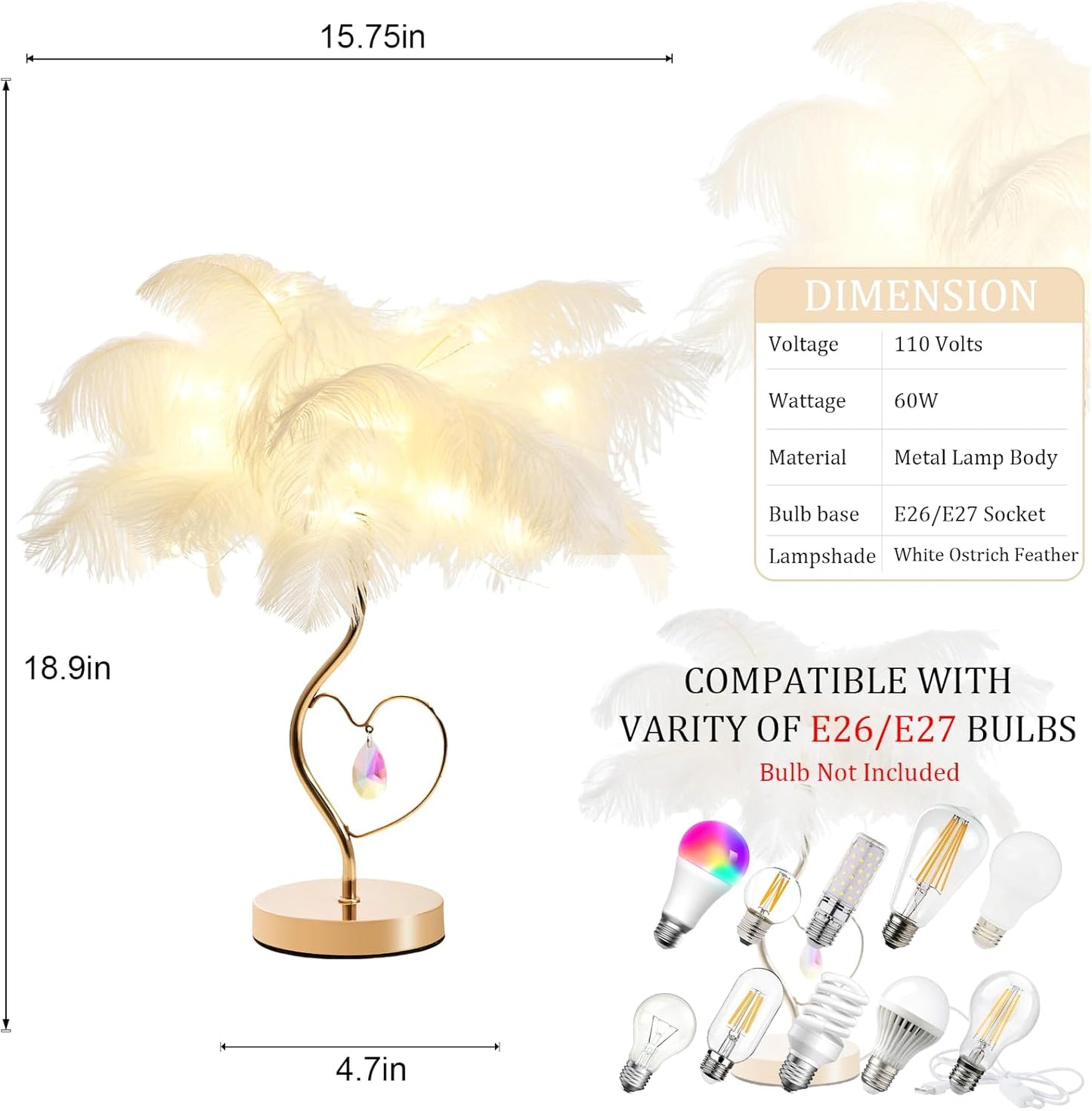 White Ostrich Feather Lamp Princess Fluffy Bedside Lamp Romantic Feather Table Lamp Nightstand Light for Girl Bedroom Wedding Decor Valentine Dating Living Room Hotel Office