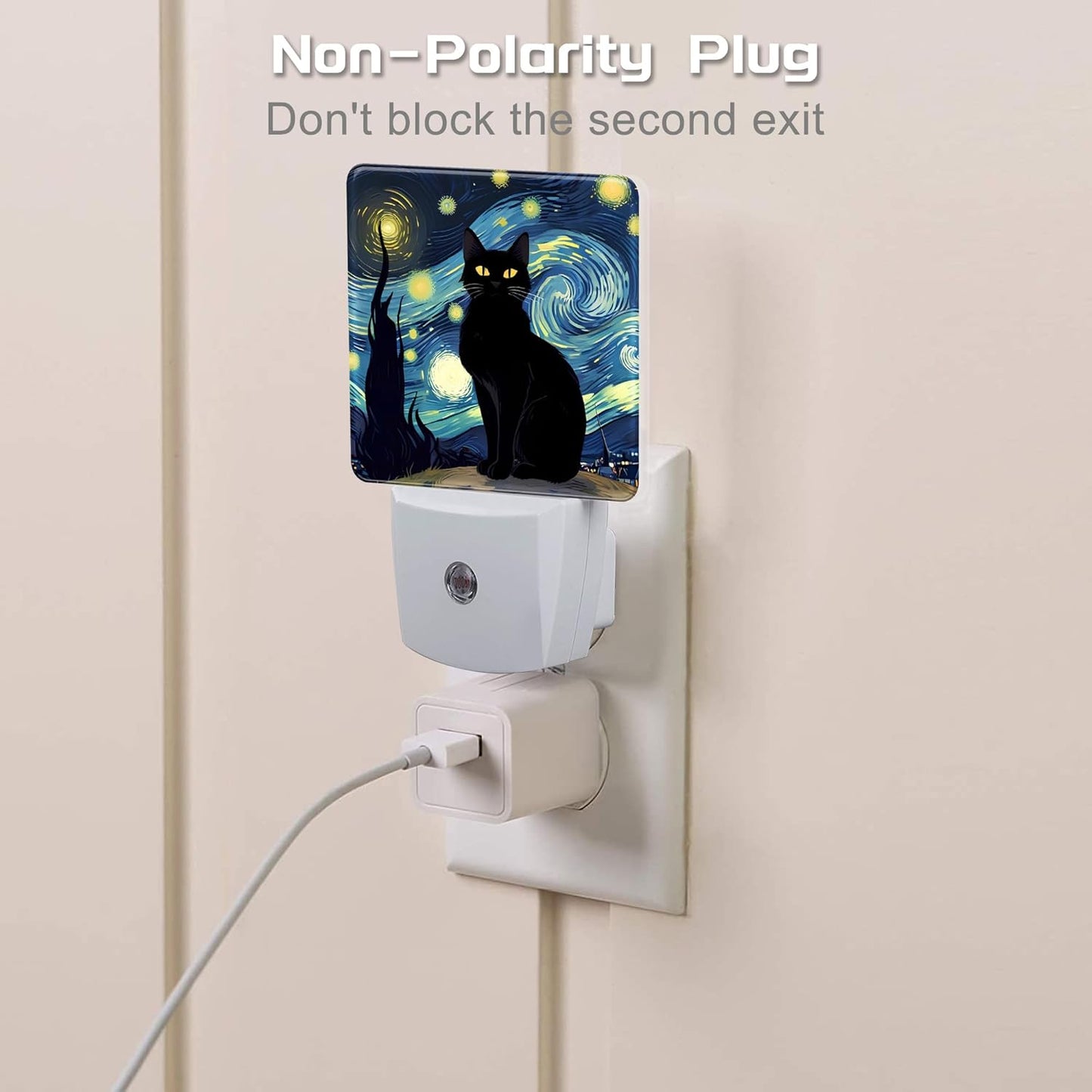 Starry Night Black Cat Night Light Plug into Wall, Abstract Oil Painting Dusk to Dawn Night Light Plug in,0.5w Energy Saving Sleep Friendly NightLight for Kids Boys Girls Home Decor