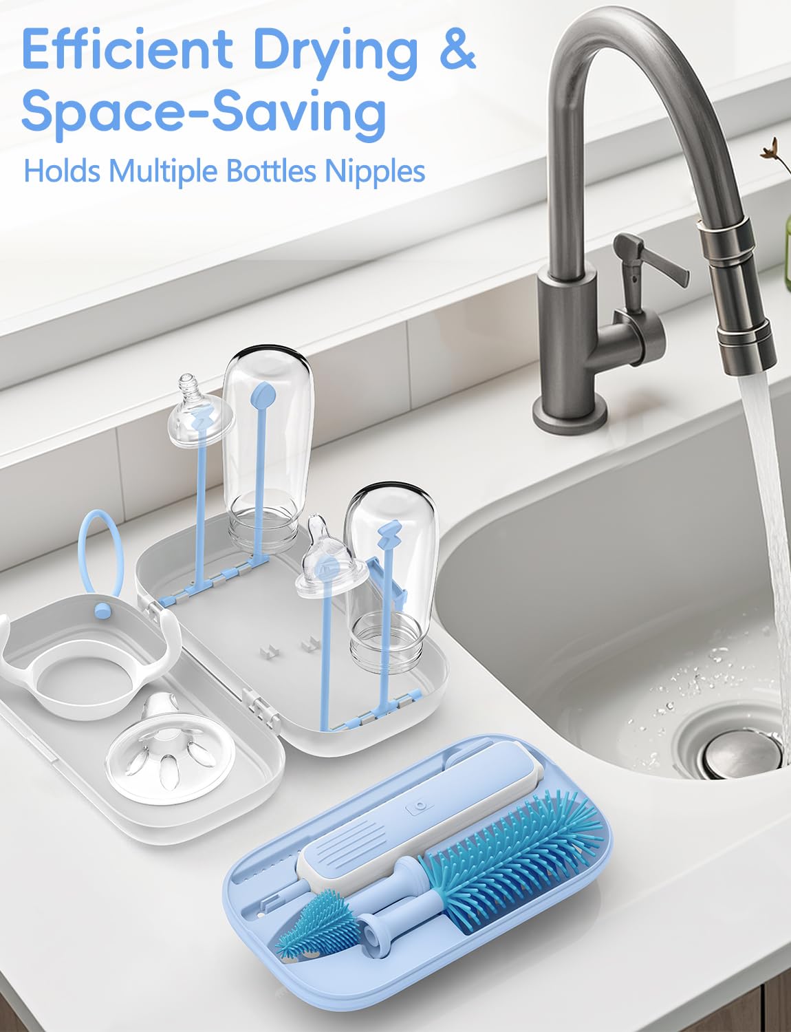 Electric Baby Bottle Brush Cleaner, Baby Travel Bottle Cleaner Kit- 2000mAh Rechargeable Silicone Brush, Drying Rack, Compact Storage Box, 360° Efficient Cleaning Bottle Brush for Home & On-The-Go