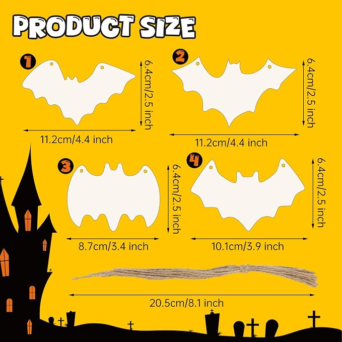 40Pcs Bats Halloween Wooden Slices Ornaments Paintable Blank Natural Bat