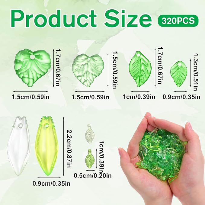 320 PCS Green Leaf Beads for Jewelry Making, Acrylic Green Leaf Charms