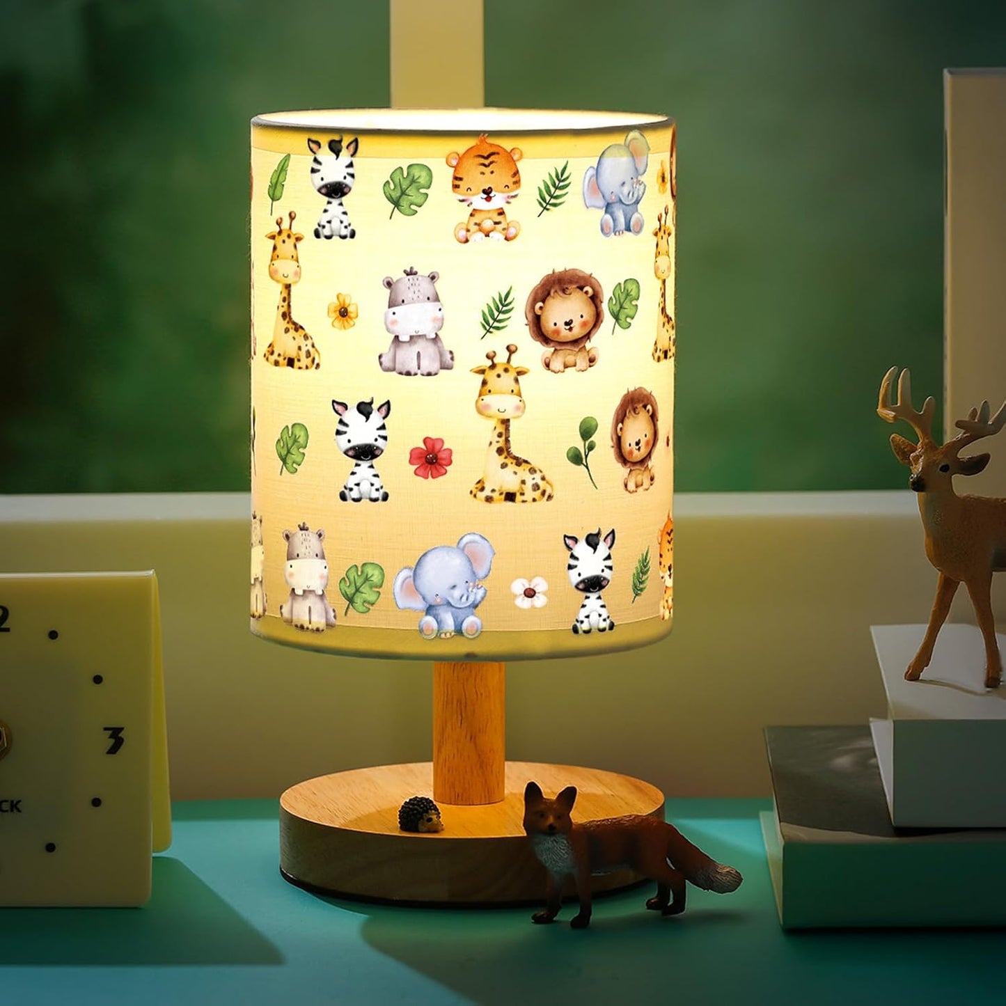 VIHOSE Safari Animal Kids Table Lamp for Bedroom Kids Bedside Lamp with Linen Wooden Nightstand Cartoon Nursery Lampshade for Girls Boys Living Room