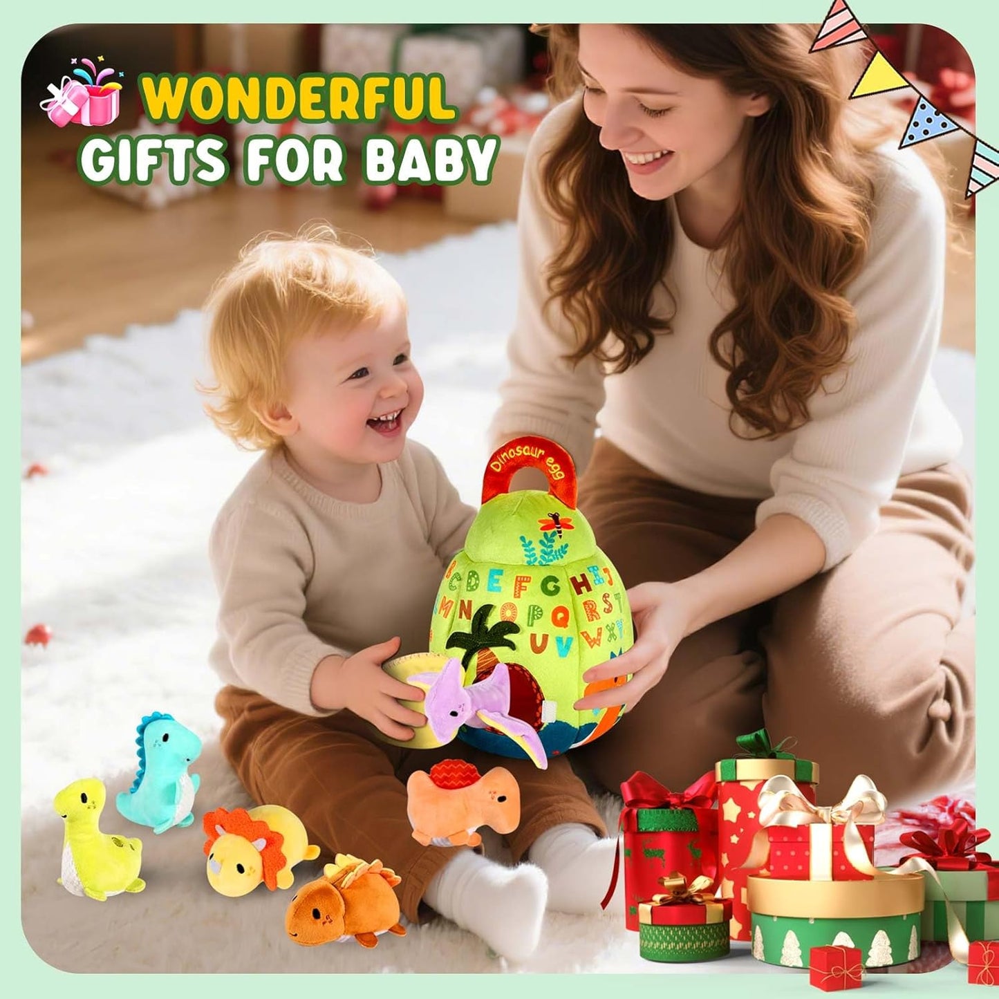 FREYBLI Baby Toys 6-12 Months - Soft Dinosaur Toy with Rattle, Crinkle Paper, Squeaker, Mirror - Baby Sensory Montessori Toys for 6 Month Old Developmental, 1 Year Old Boy Girl Gifts Toys