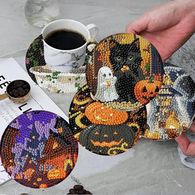ijbnhd 8 Pcs Halloween Diamond Art Coasters Kits | Halloween Diamond Painting