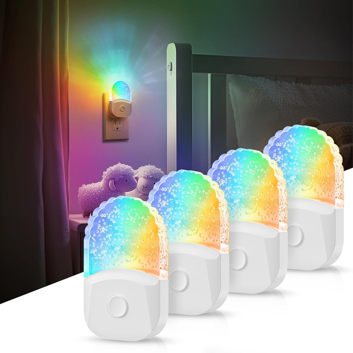 DORESshop 8-Color RGB LED Night Light Plug into Wall, 4Pack Color Changing Dusk to Dawn Night Light for Bedroom, Kids Room, Gift