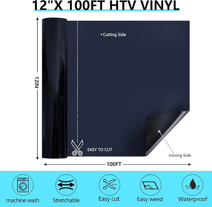 HTVVETUR Black Iron on Vinyl Roll 12" x 100ft, HTV Heat Transfer Vinyl