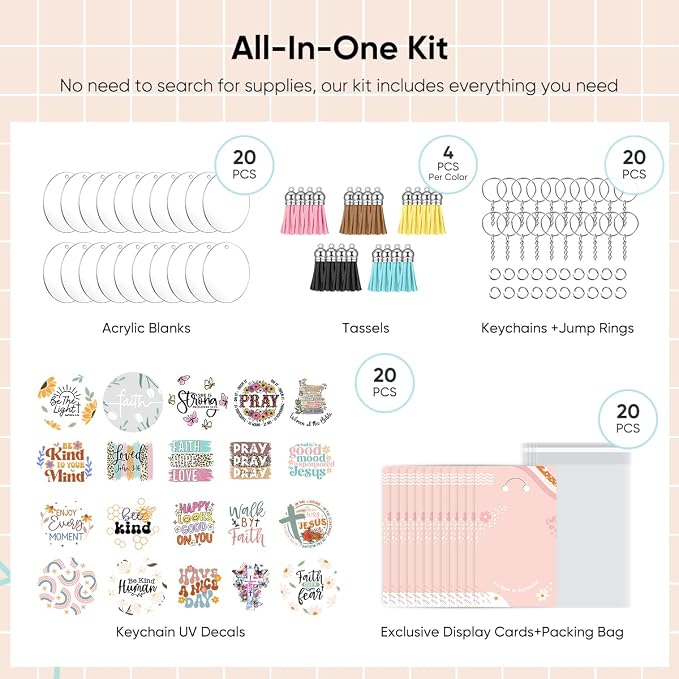 YOPPIX 140 PCS Acrylic Keychain Blank Set, Faith Double-Sided UV DTF Stickers