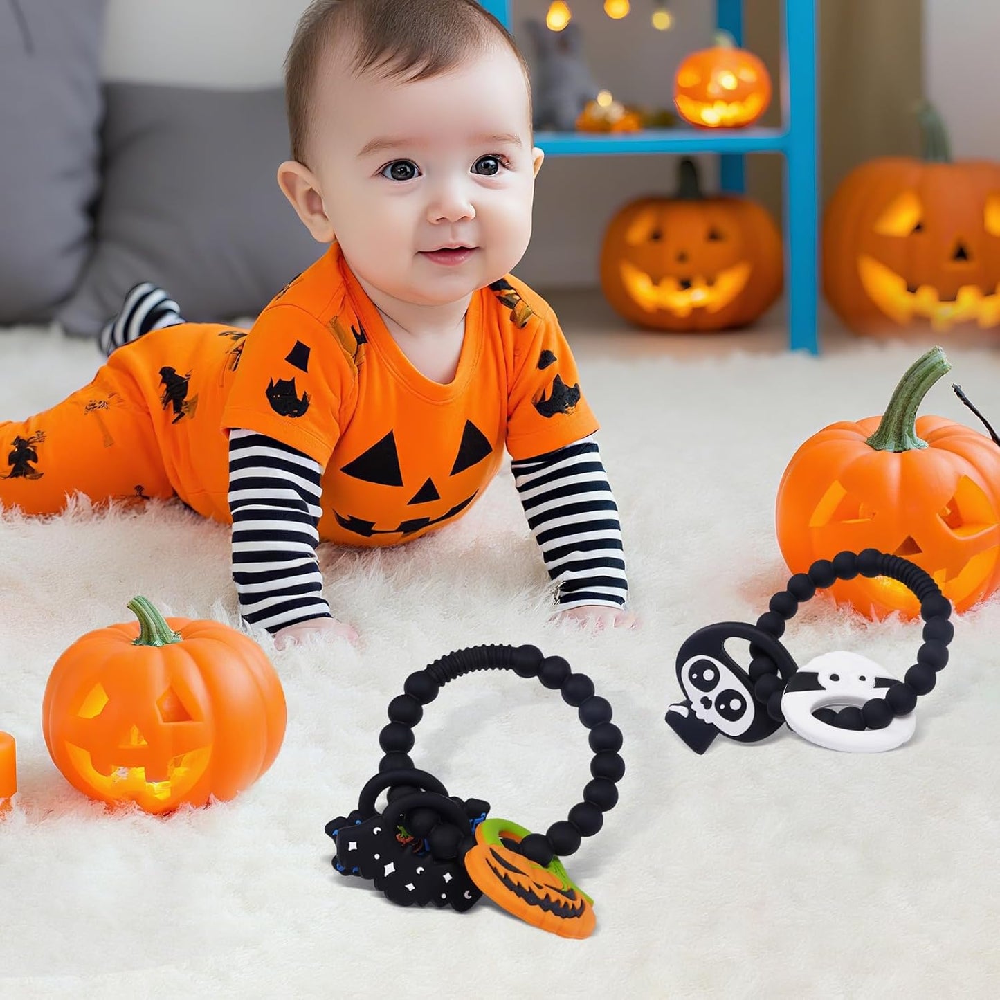 Baby Silicone Halloween Pumpkin Teether Ring Toy,Food Grade Silicone Chew Toys for 0-6,6-12,12-18 Months Newborns,Infants,Toddlers Teething Relief,Safe and Soft,BPA Free,Baby Essentials.