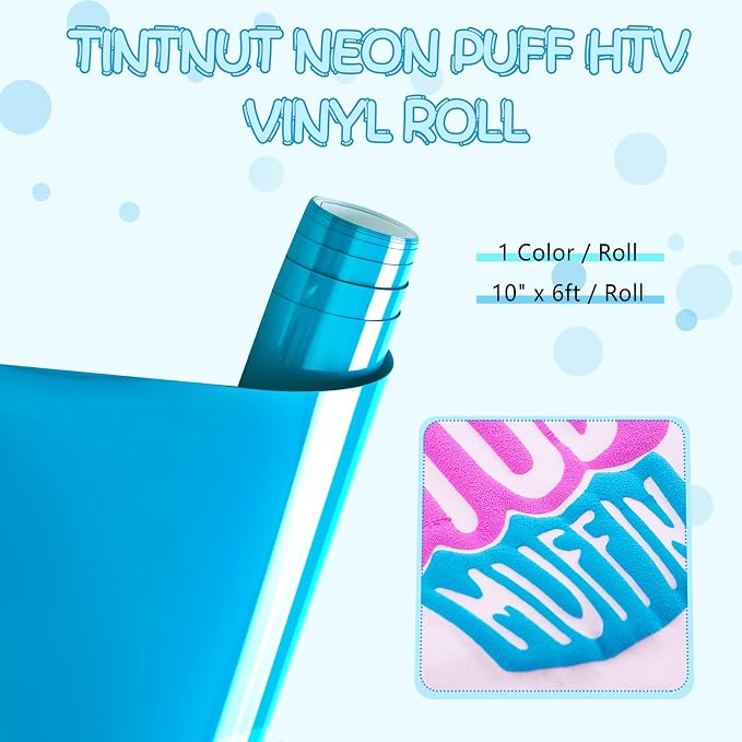 Tintnut Blue Neon Puff Heat Transfer Vinyl Roll, easy cut & weed, stretch