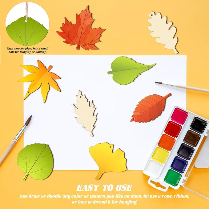 Subacy 80 PCS Unfinished Wood Cutouts 8 Styles DIY Wooden Crafts, Autumn Maple