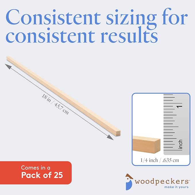 DIY Wooden Square Dowel Rod 1/4-inch x 18 Pack of 25 Hobby Wood Sticks