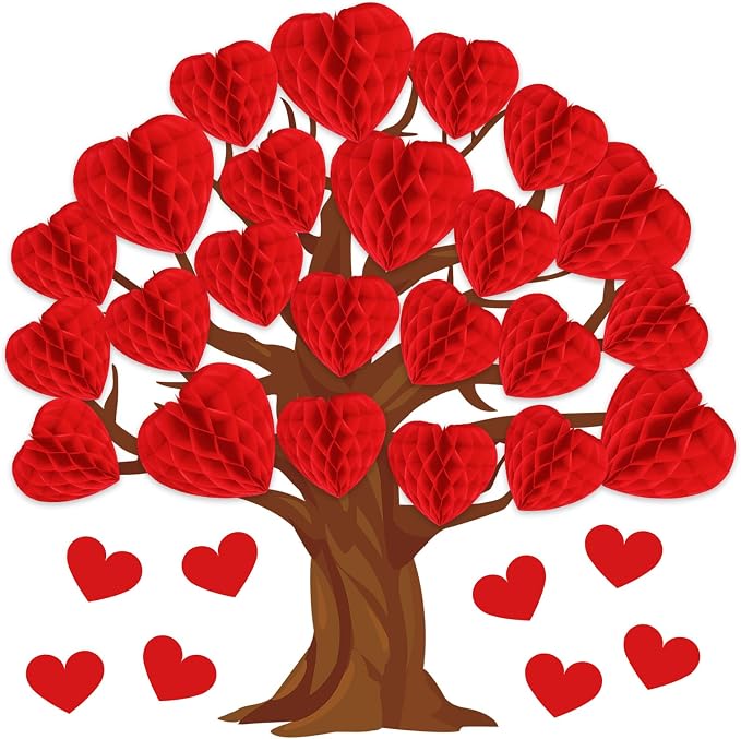 JarThenaAMCS 50Pcs Valentine' s Day Tree Bulletin Board Set 3D Heart Honeycomb