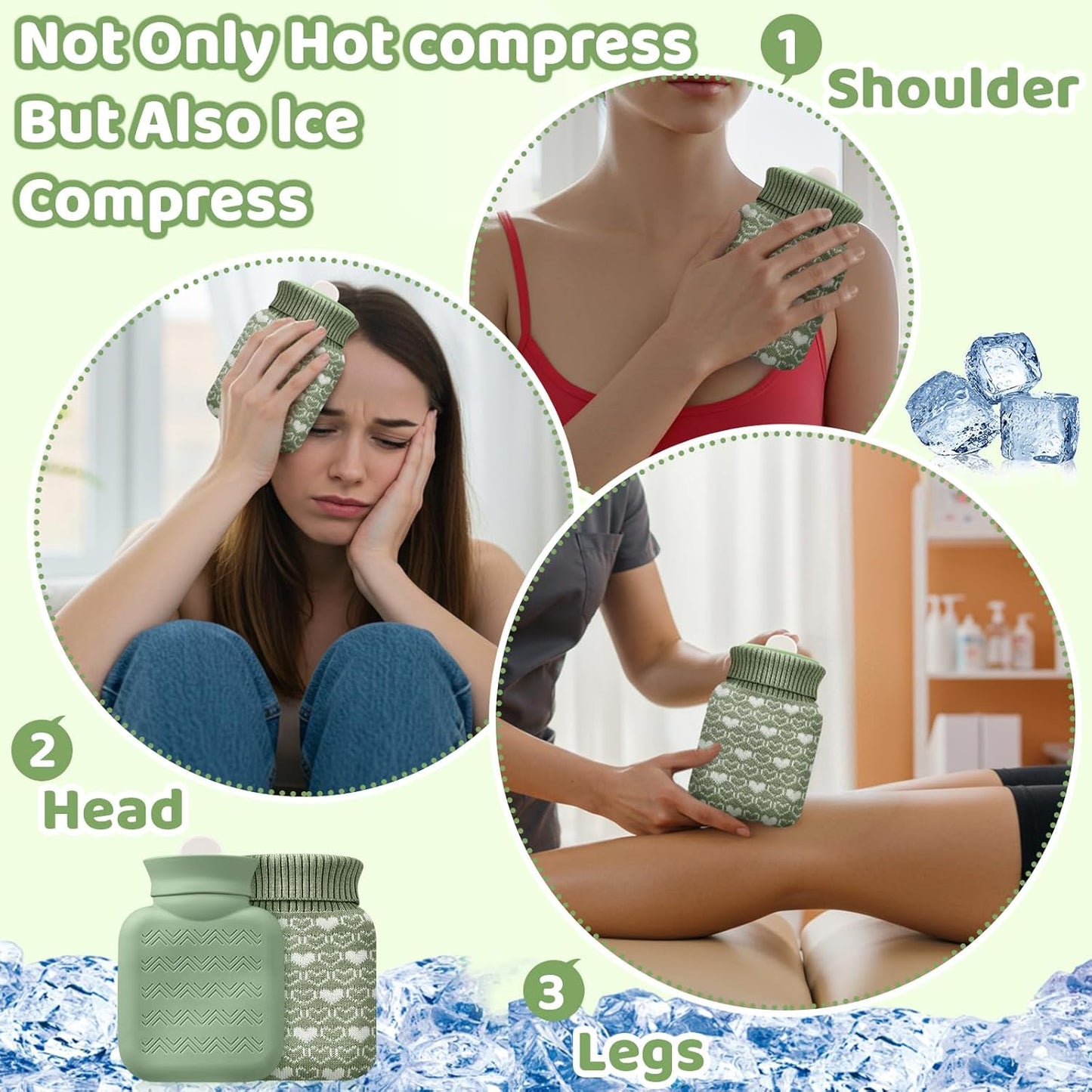 Amylove Mini Hot Water Bottle 320ml for Hot & Cold Compress with Cover Silicone Microwave Heating Small Water Bag for Travel Pain Relief Holiday Gifts(Sage Green)