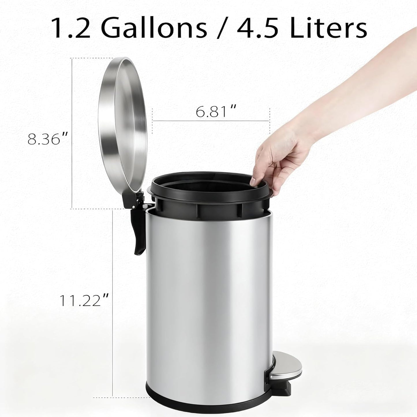 TIPGO Small Trash Can with Lid Soft Close, 4.5 Liters / 1.2 Gallon Bathroom Garbage Can, Mini Step Trash Bin, Stainless Steel Wastebasket for Bathroom, Bedroom, Office (Silver)