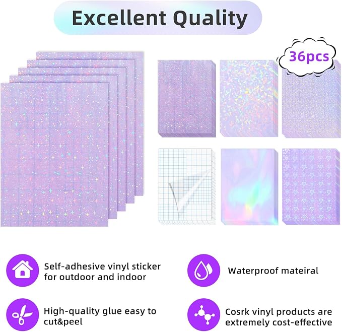 36 Sheets Holographic Sticker Paper Clear Self Adhesive Laminate Sheets |