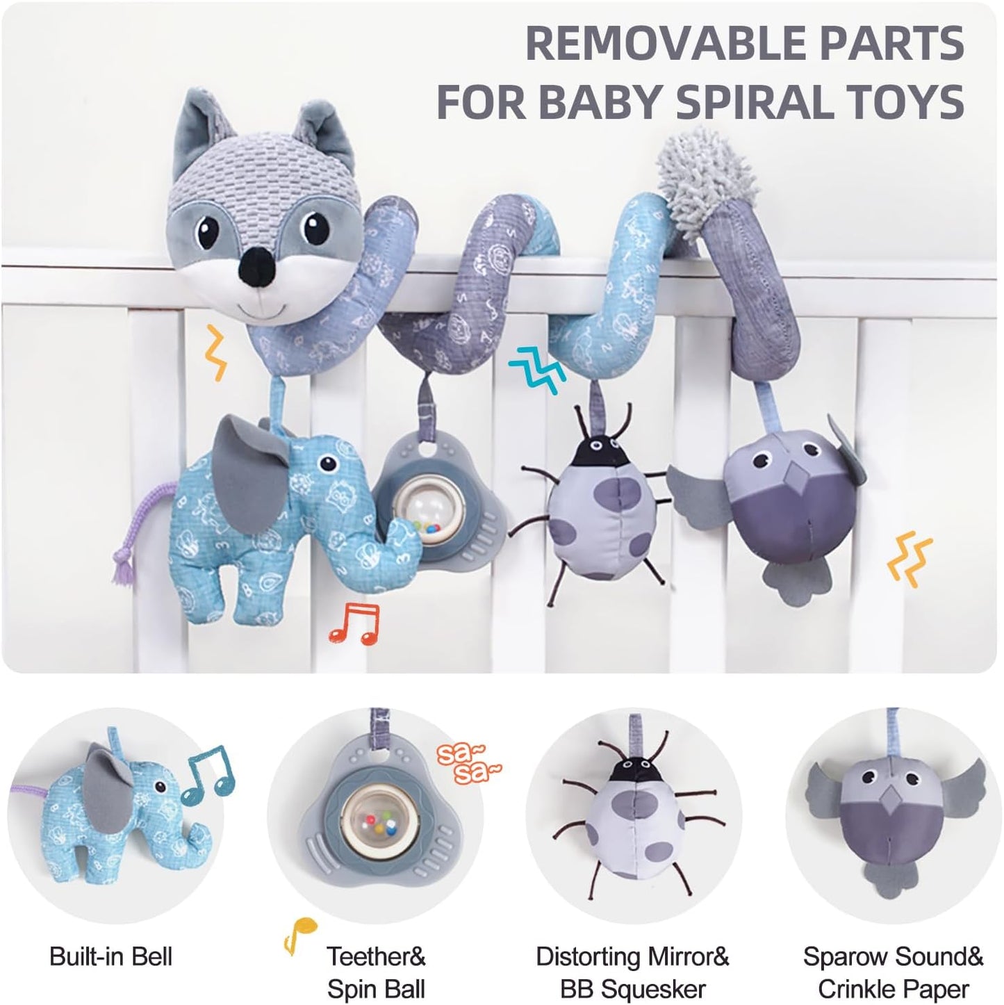 Koty Car Seat Toys, Infant Baby Spiral Plush Activity Hanging Toy for Stroller Bar Pram Crib with Music Box BB Squeaker & Rattles(Gray Fox)