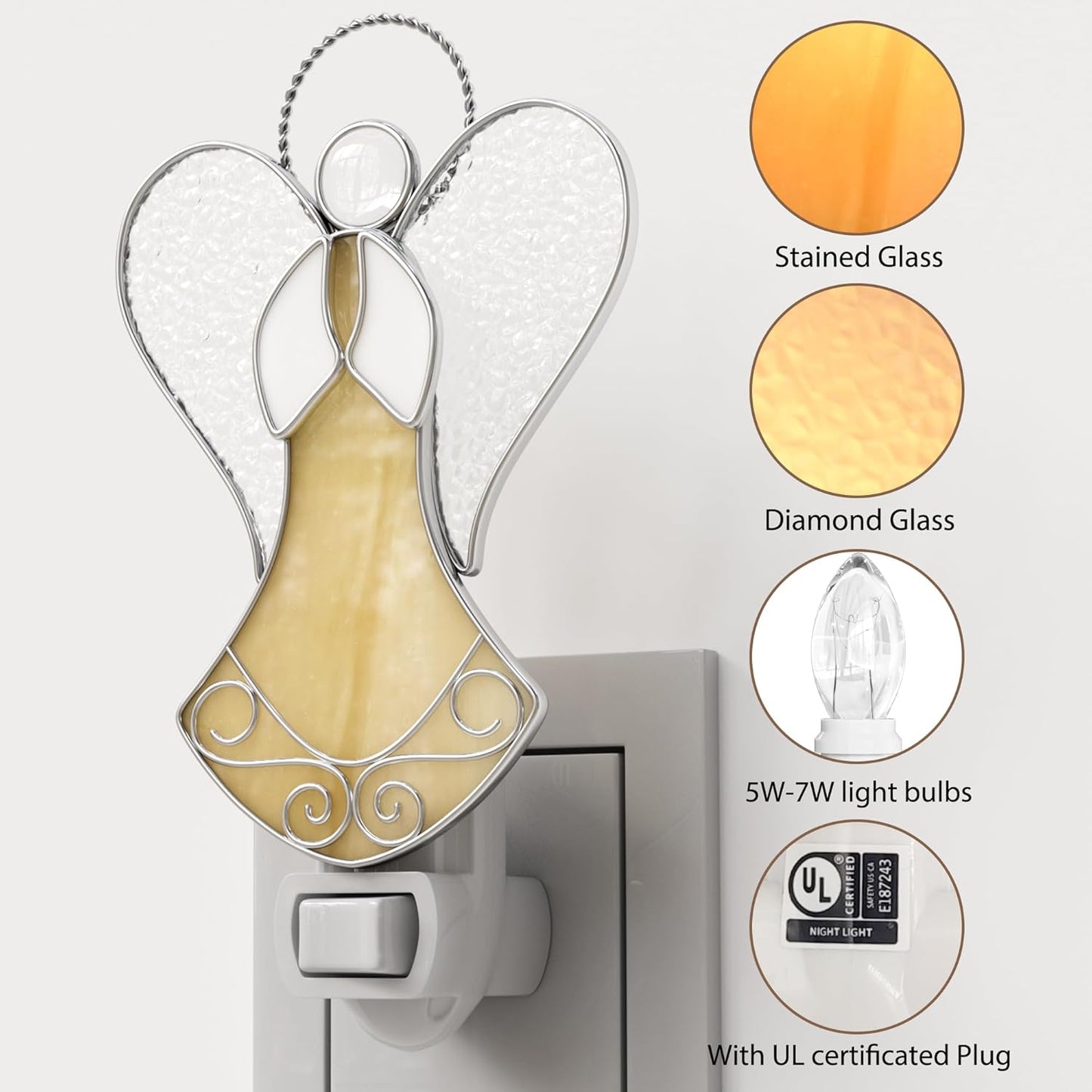 Night Lights Plug into Wall,Stained Glass Yellow Angel Plug in Night Light for Wall Socket Decorative Nightlight for Bedroom Hallway Kitchen Home for Mom Mother`s Day Birthday Christmas Gifts