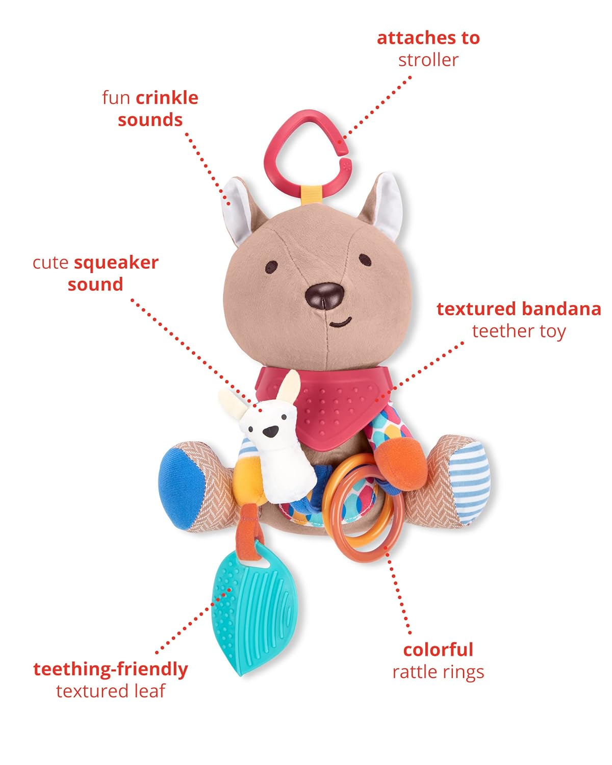 Skip Hop Bandana Buddies Baby Activity and Teething Toy with Multi-Sensory Rattle and Textures, Kangaroo