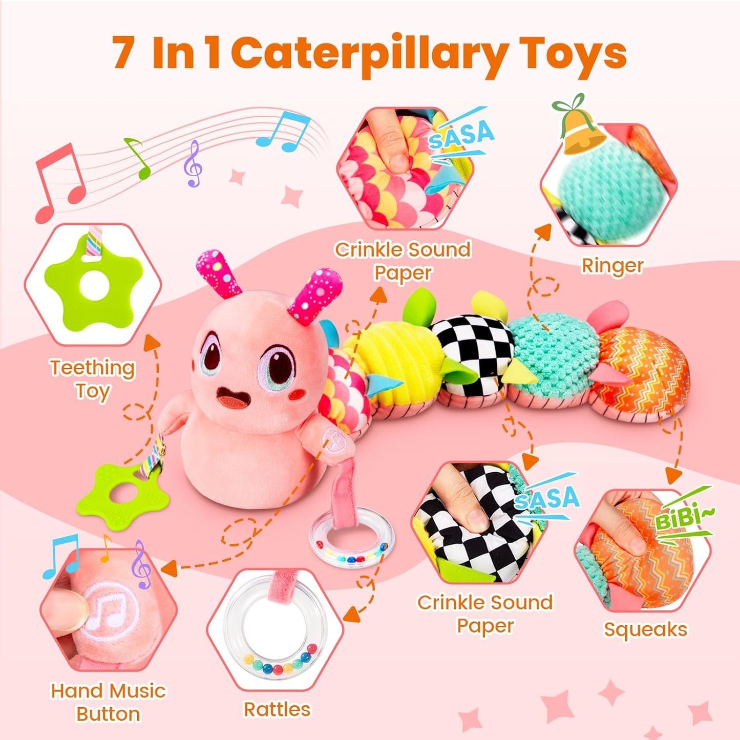 Baby Toys 0-6 Months, Washable Baby Musical Caterpillar Toys with 10 Kid's Songs,Rattles,BabyTeething Toys,Suitable for 0-6, 6-12 Months Infant Tummy Time Toy,Newborn Baby Boy&Gril Scensory Gifts