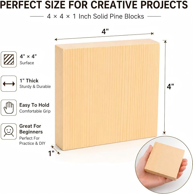 4 Pcs Solid Wood Blocks 4x4x1 Inch Unfinished Whittling Blocks