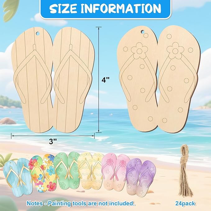 COCHIE Summer Slippers Wood Crafts to Paint Set of 24, Slipper Unfinished