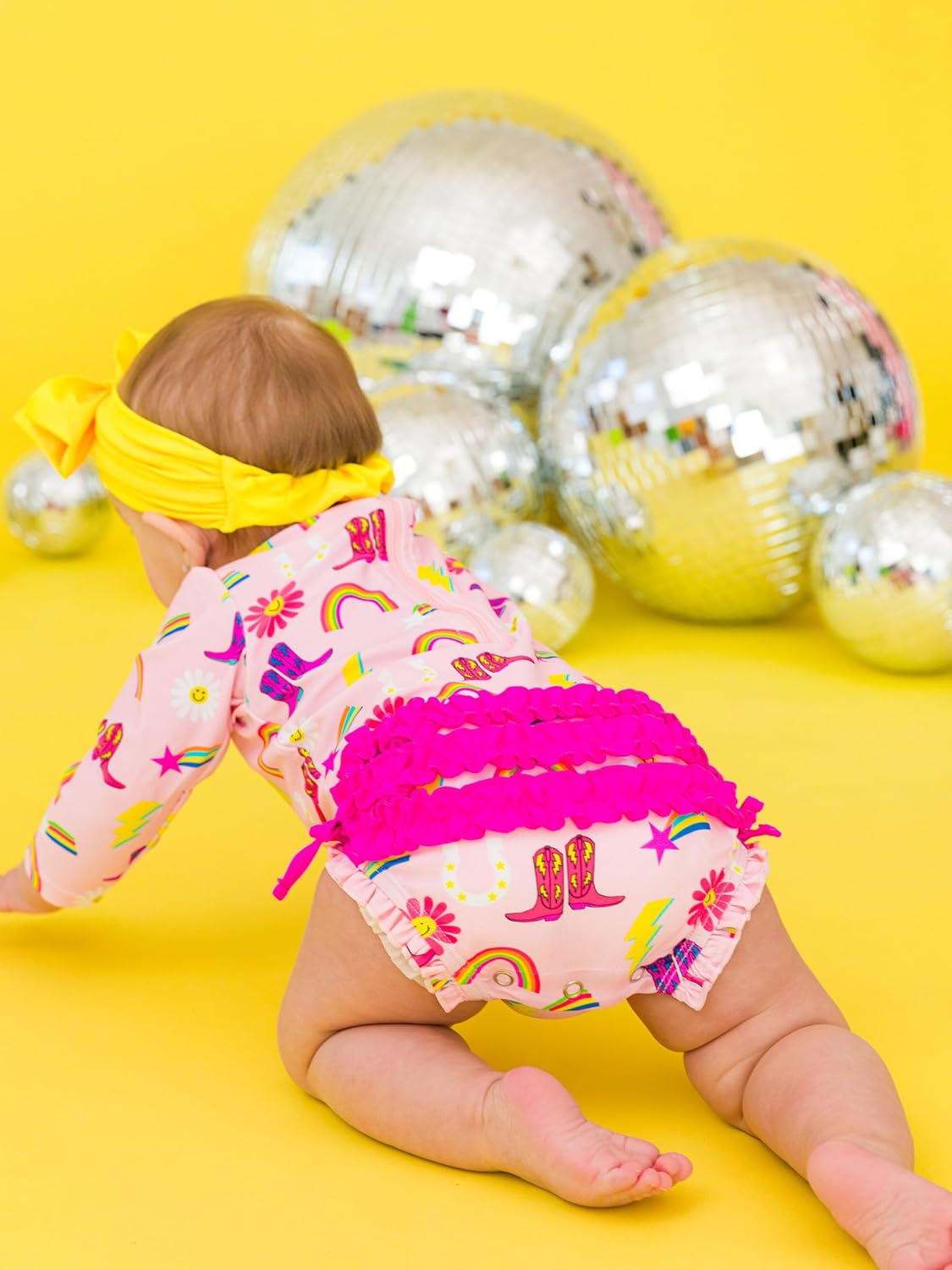RuffleButts Baby Girls UPF 50+ Sun Protection Novelty Print Long Sleeve One Piece Rash Guard Swimsuit with Zipper