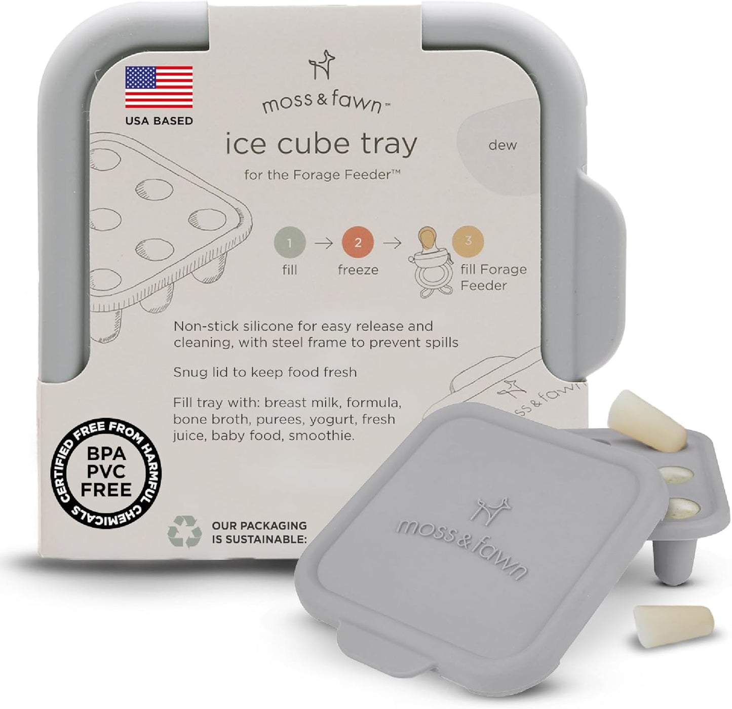 Moss and Fawn Ice Cube Tray - Forage Feeder Freezer & Teething Popsicle Mold for Breast Milk, Formula, Bone Broth, Purees, & Baby Food - BPA, Lead, & PVC-Free - Dew