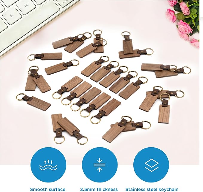 OMTech Wooden Keychain Blanks, Wood Key Chain Bulk, Unfinished Wooden Key Rings