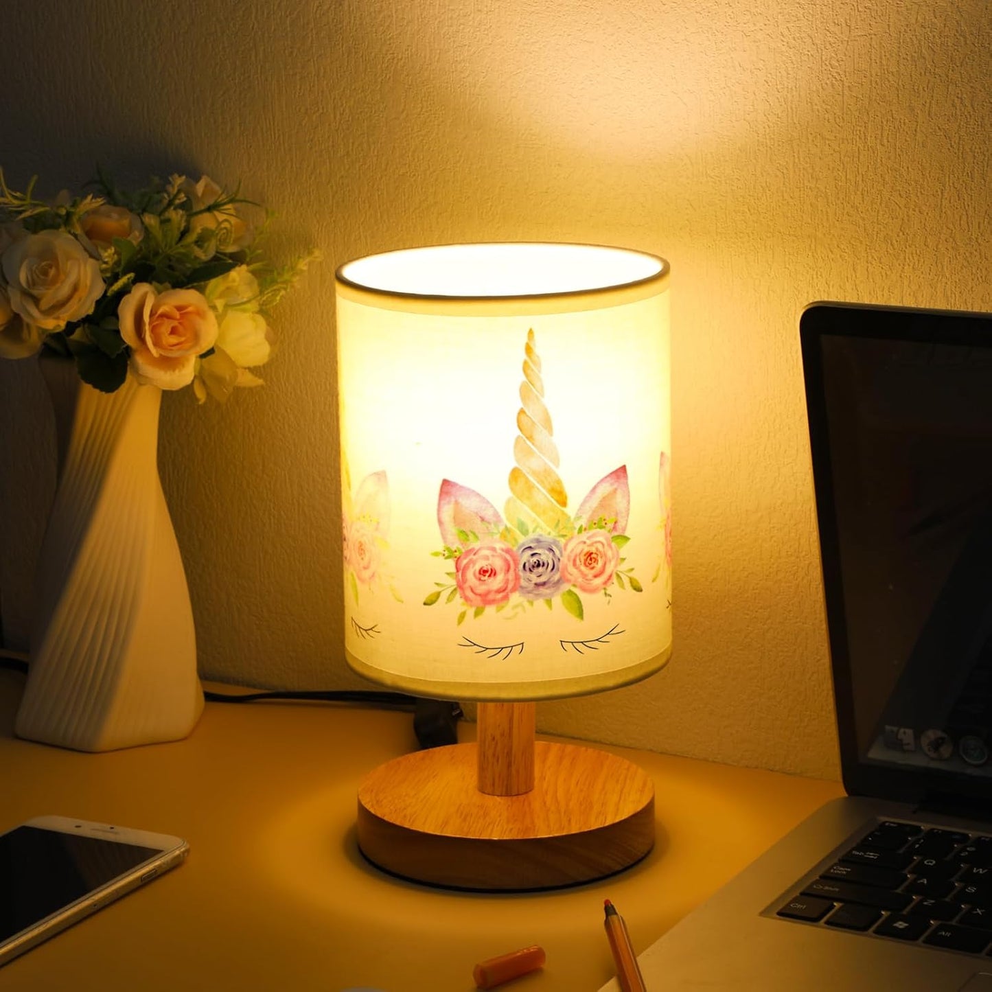 VIHOSE Unicorn Kids Table Lamp for Bedroom Kids Bedside Lamp with Linen Wooden Nightstand Cartoon Nursery Lampshade for Girls Boys Living Room